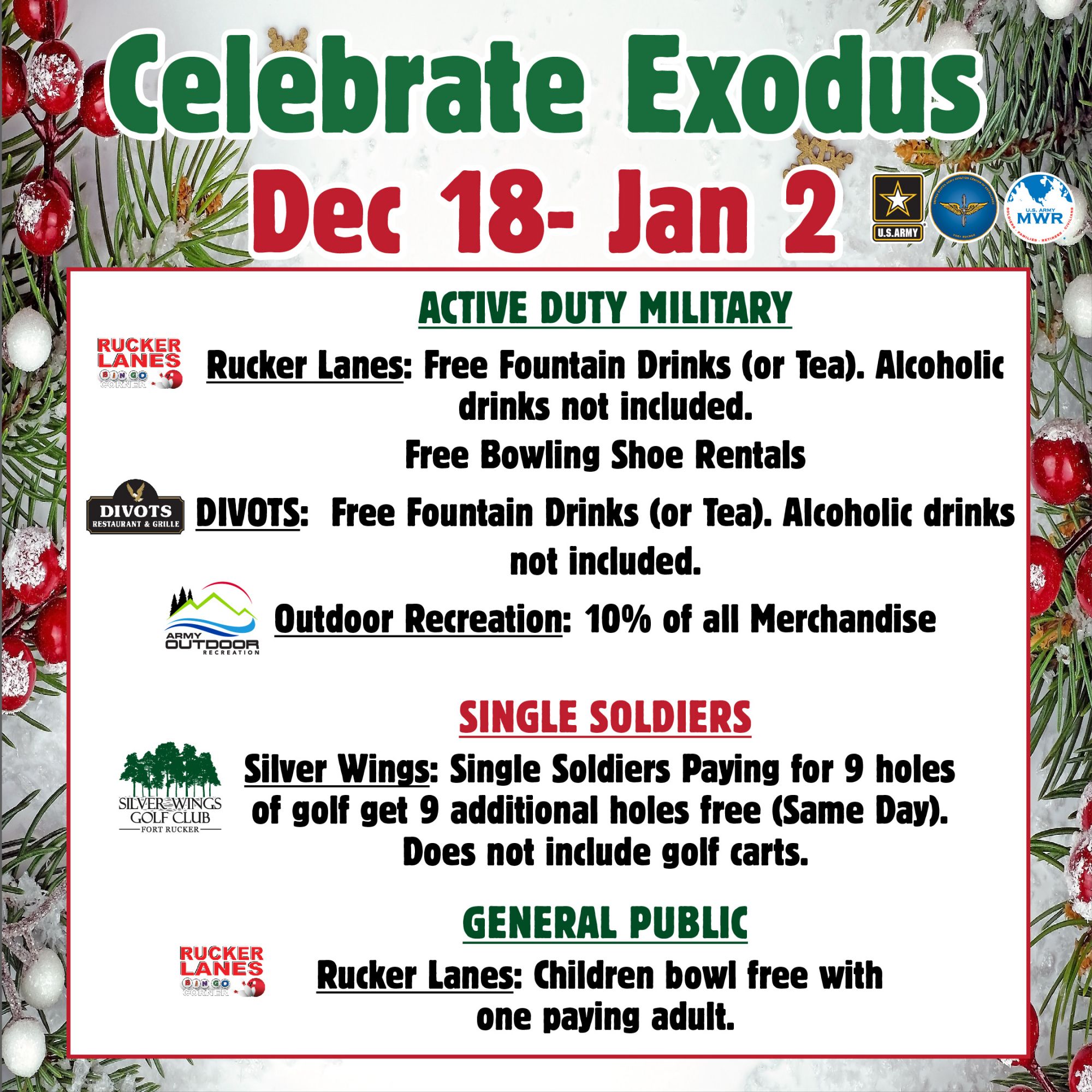 Holiday Hours & Exodus Specials Ft. Novosel US Army MWR
